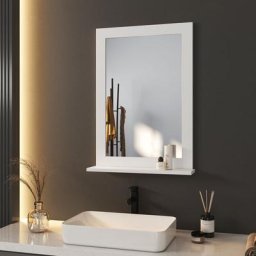 Meykoers Miroir de salle de bain 50x70 cm Cadre Blanc Miroir Salle de Bain avec Étagère en verre