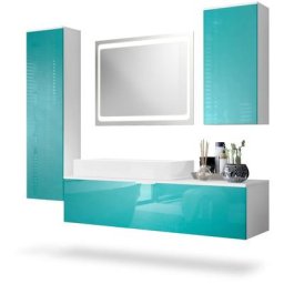 Ensemble de Meubles de bains complet Miroir led Armoire Beach Blanc - Façades en Turquoise haute