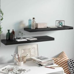 Lot de 2 Étagère murale flottante | Armoire murale Meuble Étagère Noir brillant 80x23,5x3,8 cm MDF
