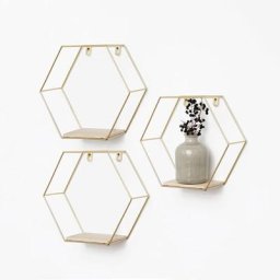 Set de 3 étagères murales hexagonales en métal avec tablette en bois - Or