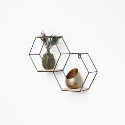 Vivol - Double étagère murale hexagonale en métal avec 2 tablettes en bois - 30,5x41 cm - Noir