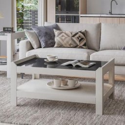 Table Basse, avec 2 Étagères de Rangement Ouverts, Verre Trempé Moderne, pour Espace Salon Bureau,