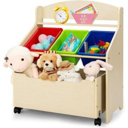 Meuble de Rangement pour Jouets en Bois avec 3 Boîtes en Plastiques Amovibles, 1 Tiroir avec 2