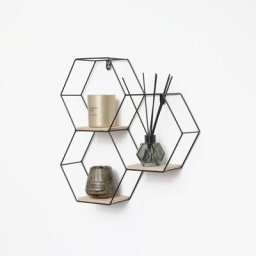 Vivol - Triple étagère murale hexagonale en métal avec 3 tablettes en bois - 40,5x41 cm - Noir