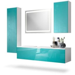 Ensemble de Meubles de bains complet Miroir led Armoire Beach Blanc - Façades en Turquoise haute