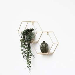 Vivol - Double étagère murale hexagonale en métal avec 2 tablettes en bois - 30,5x41 cm - Or