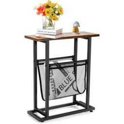 Table d'Appoint de Style Industriel, Bout de Canapé Étroite à 2 Niveaux avec Porte-revues en