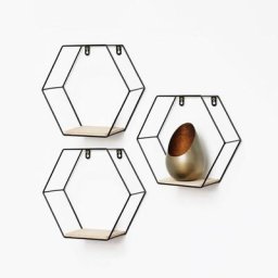 Ivol - Set de 3 étagères murales hexagonales en métal avec tablette en bois - Noir