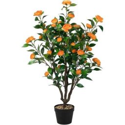 102 cm Camélia Artificiel en Pot de Ciment, Fausse Plante Camélia avec 37 Fleurs, Troncs épais et