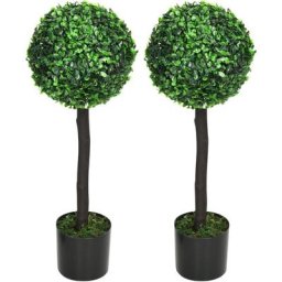 Lot de 2 buis artificiels topiaires artificielles en forme de boule dim. ø 20 x 60H cm pots inclus