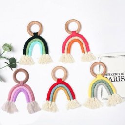Anneau de dentition en bois pour bébé pompon arc-en-ciel macramé en coton style Boho jouet pour