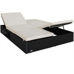 Casaria - Bain de soleil xxl 2 personnes 116cm en polyrotin noir avec coussin blanc Chaise longue