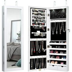 Armoire à Bijoux Verrouillable avec Miroir Plein et led, Organisateur de Bijoux Accrochable en mdf