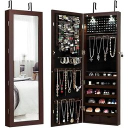 Armoire à Bijoux Verrouillable avec Miroir Plein et led, Organisateur de Bijoux Accrochable en mdf