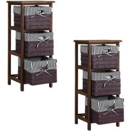 Casaria - Meuble de rangement avec 3 paniers en bois de paulownia avec tissu de protection 2er Set