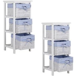 Casaria - Meuble de rangement avec 3 paniers en bois de paulownia avec tissu de protection 2er Set