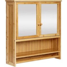 Armoire de toilette HHG 838, armoire de toilette suspendue, 3 étagères 2 portes miroir bambou
