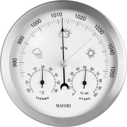 Station météo analogique intérieure/extérieure, cadre en acier inoxydable - comprend un baromètre,