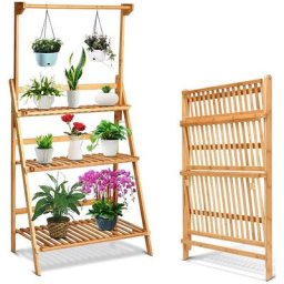 Tagère à Fleurs Supports de Pots Porte Plante en Bois de Bambou 3 Niveuax + Barre Support pour Pots