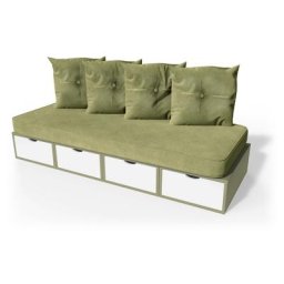 Banquette cube 200 cm + futon + coussins Taupe/Blanc