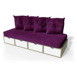 Banquette cube 200 cm + futon + coussins Taupe/Blanc