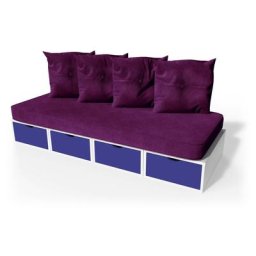 Banquette cube 200 cm + futon + coussins Blanc/Bleu foncé
