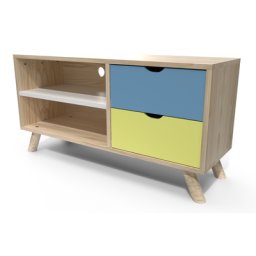 Meuble TV Scandinave bois Viking Bleu pastel, Jaune, Blanc