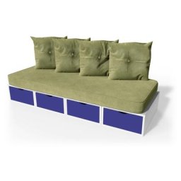 Banquette cube 200 cm + futon + coussins Blanc/Bleu foncé