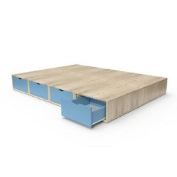 Lit double avec rangement tiroirs Cube 140x200 Vernis naturel/Bleu Pastel