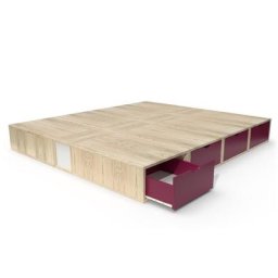 Lit double avec rangement tiroirs Cube 160x200 Vernis Naturel/Prune