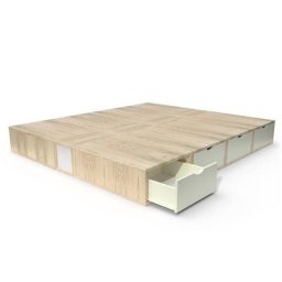 Lit double avec rangement tiroirs Cube 160x200 Vernis naturel / Ivoire