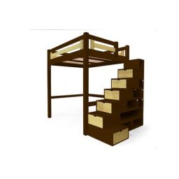 Lit Mezzanine adulte bois + escalier cube hauteur réglable Alpage 140x200 Wenge/Vernis Naturel