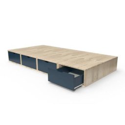 Lit 90x200 1 place avec tiroirs Cube bois 90x200 Vernis naturel/Bleu pétrole