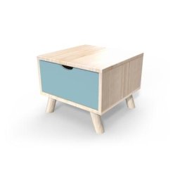 Table de chevet Scandinave bois Viking + tiroir Vernis naturel/Bleu Pastel