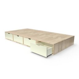 Lit 90x200 1 place avec tiroirs Cube bois 90x200 Vernis naturel / Ivoire