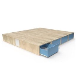 Lit double avec rangement tiroirs Cube 160x200 Vernis naturel/Bleu Pastel