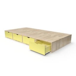 Lit 90x200 1 place avec tiroirs Cube bois 90x200 Vernis naturel/Jaune