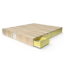 Lit double avec rangement tiroirs Cube 160x200 Vernis naturel/Jaune