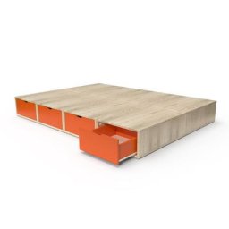 Lit double avec rangement tiroirs Cube 140x200 Vernis naturel/Orange