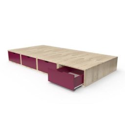 Lit 90x200 1 place avec tiroirs Cube bois 90x200 Vernis Naturel/Prune