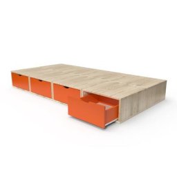 Lit 90x200 1 place avec tiroirs Cube bois 90x200 Vernis naturel/Orange