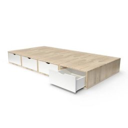 Lit 90x200 1 place avec tiroirs Cube bois 90x200 Vernis naturel/Blanc