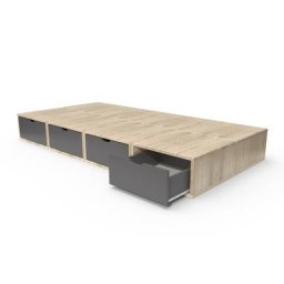 Lit 90x200 1 place avec tiroirs Cube bois 90x200 Vernis naturel/Gris anthracite
