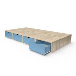 Lit 90x200 1 place avec tiroirs Cube bois 90x200 Vernis naturel/Bleu Pastel