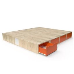 Lit double avec rangement tiroirs Cube 160x200 Vernis naturel/Orange