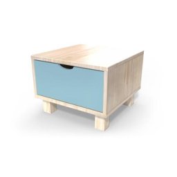 Table de chevet bois Cube + tiroir Vernis naturel/Bleu Pastel