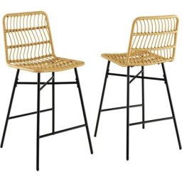 Tabourets de Bar Lot de 2, Dossier en Rotin pe, Siège en Cuir pu - 69 cm de Haut, Style Naturel