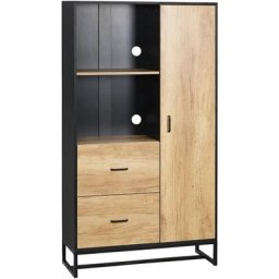 Buffet haut multi-rangement une porte 3 étagères 2 tiroirs 2 niches piètement acier noir aspect