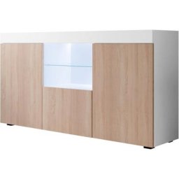 Buffet de salon bas 3 portes avec led 150 x 80 x 40cm Couleur sonoma et Blanc mate Meuble de