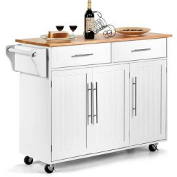 Desserte Cuisine Buffet à roulettes avec 3 Portes, 2 Tiroirs et 6 Compartiments, Ilôt Central